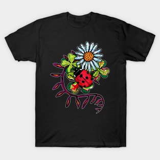 Red ladybug and white daisies on clover leaves T-Shirt